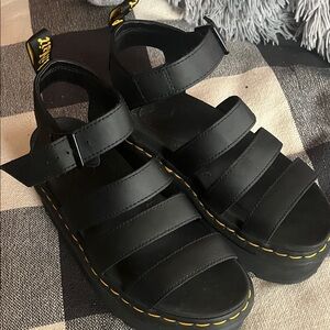 Dr. Martens Black Platform Sandals with Yellow Stitching
